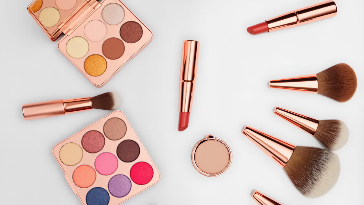 A top-down view of various makeup and beauty products, including eyeshadow palettes, brushes, and lipsticks