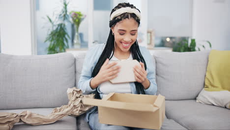 woman, open box and excited for delivery