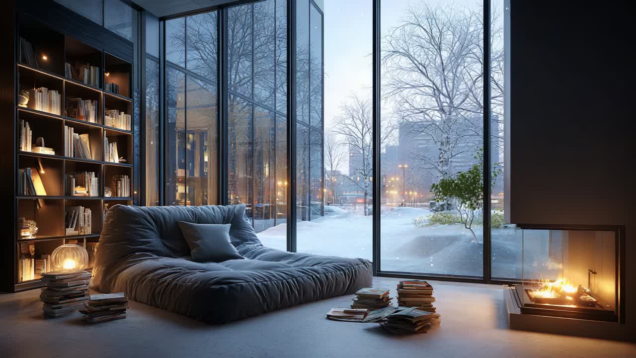 A Cozy Winter Evening in a Modern Living Room Featuring a Plush Bean Bag Sofa, a Warm Fire, and Panoramic Windows Overlooking a Snowy Landscape, Creating a Serene and Inviting Atmosphere