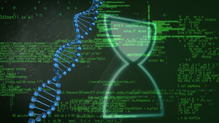 Animation of spinning dna strand over data processing