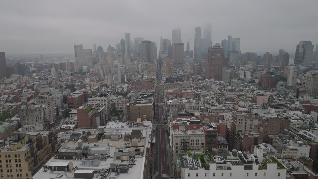 Aerial view of Lower Manhattan on an overcast morning. Shot in New York City