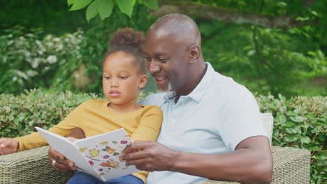 grandfather sitting outdoors with granddaughter at home reading book together