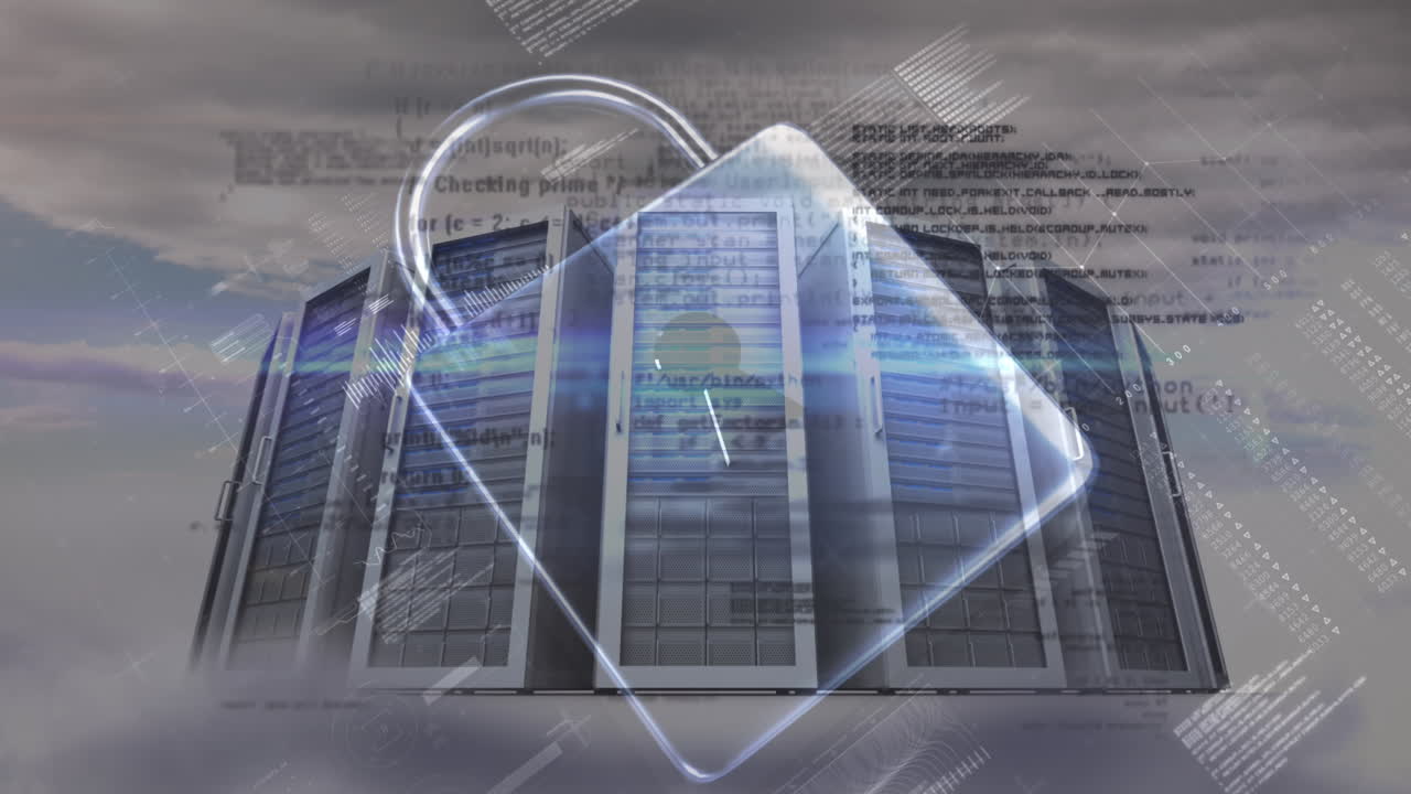 animación del icono del candado de seguridad y procesamiento de datos contra el servidor informático en el cielo