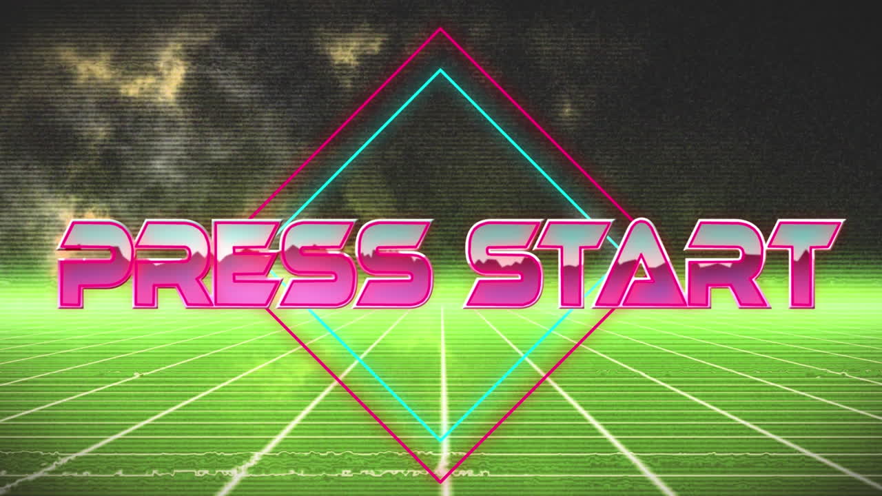 animación del banner de texto de inicio de prensa sobre la red de cuadrícula amarilla contra fondo negro