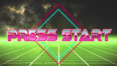 animation of press start text banner over yellow grid network against black background