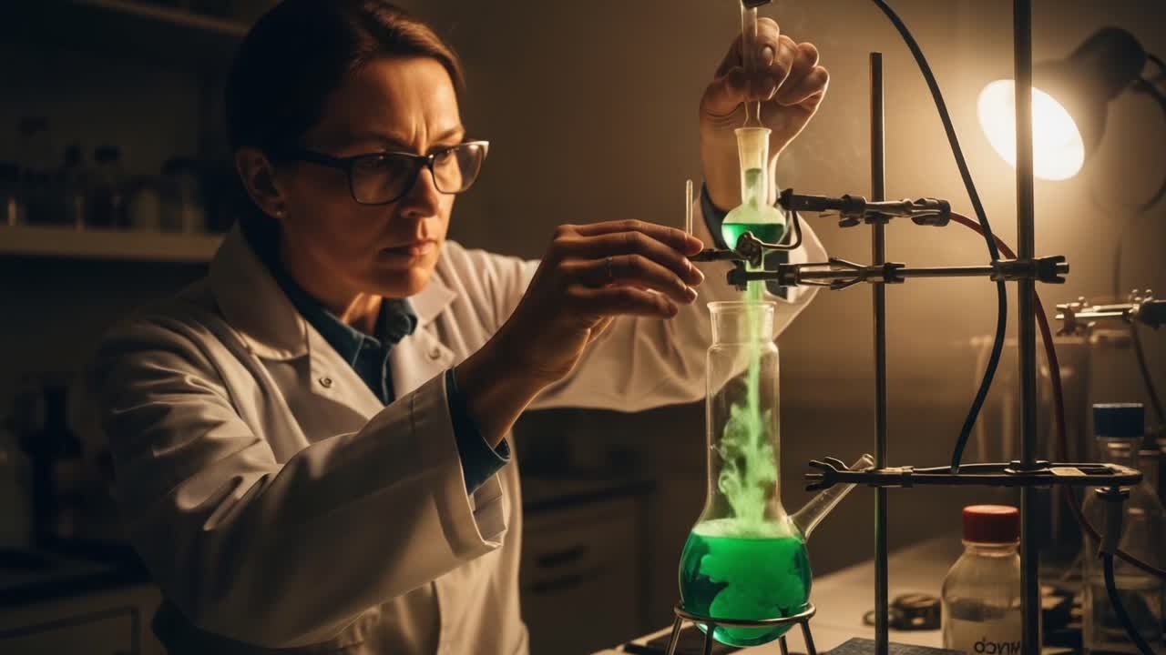 A focused scientist meticulously conducts an experiment in a laboratory, combining different chemical solutions to create vivid green reactions and observe results