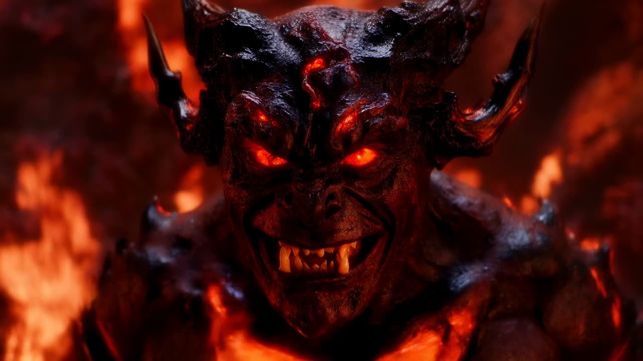 第三の目が脈打ち、角のある悪魔が溶岩の洞窟で身を乗り出し、視聴者に焦点を当て、目が牙が光っている。