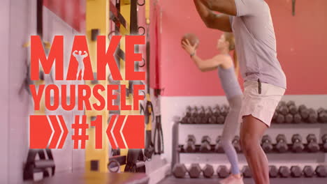 animation of make yourself number 1 text over diverse man and woman exercising in gym