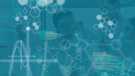 animation of molecule structures, computer language, caucasian scientists discussing in laboratory