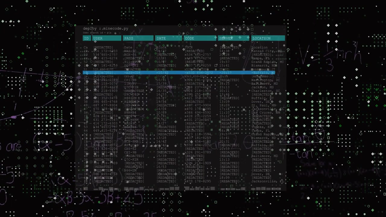 Terminal interface being visualized over floating grid with purple math notation and redacted data