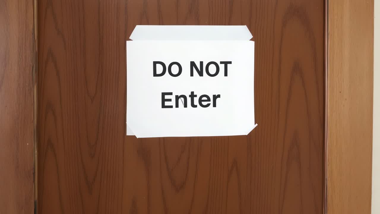 A "Do Not Enter" sign taped to a wooden door