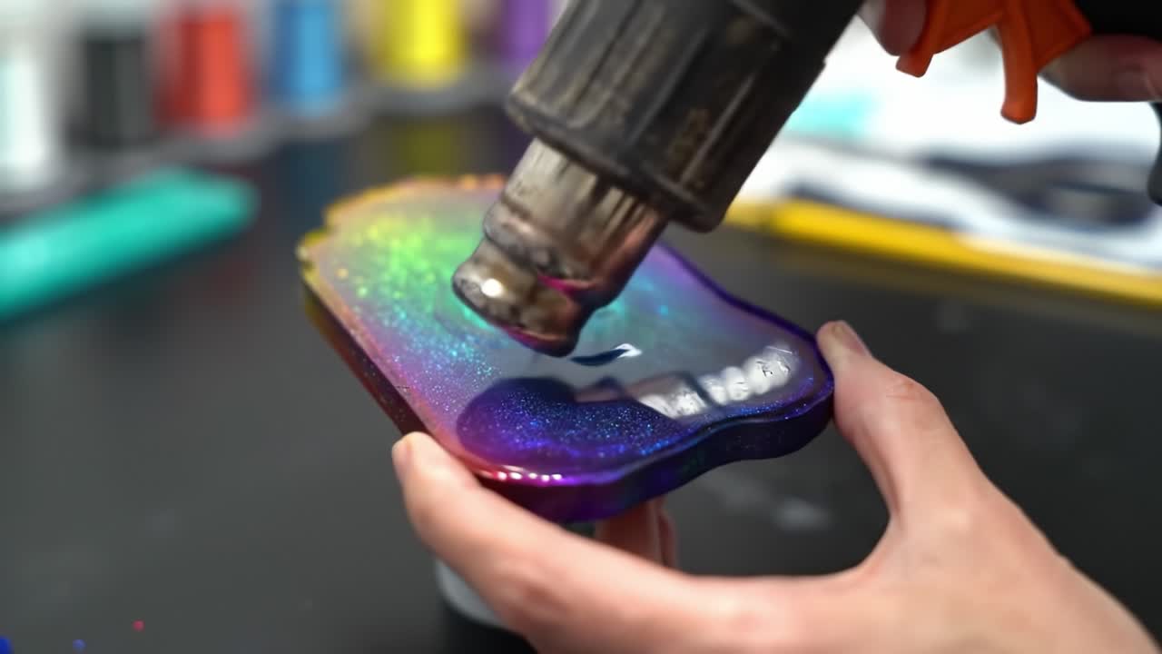 A Creative Process Unfolds: Applying Heat to Colorful Resin Art for a Stunning Visual Transformation and Unique Textures in Artistic Craftsmanship