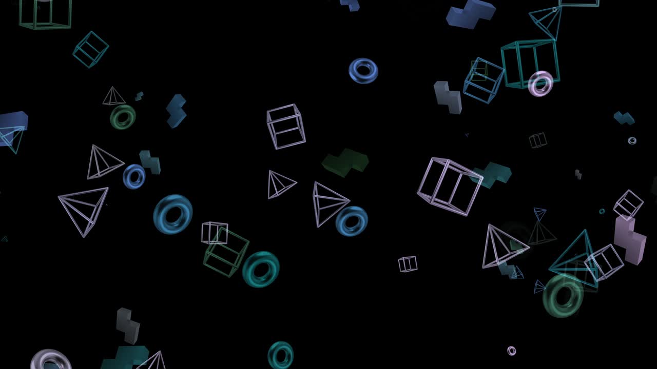 animación de formas geométricas voladoras abstractas de 4k, fondo de color negro