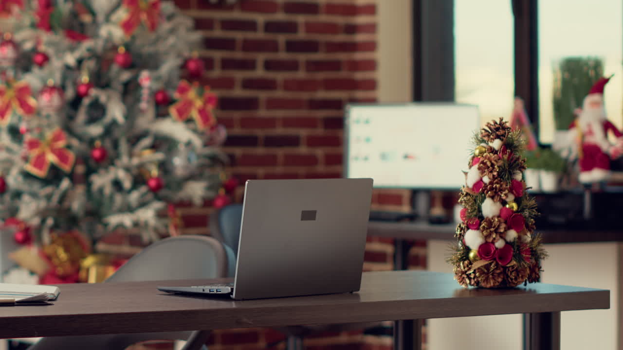 Empty company office decorated with festive ornaments