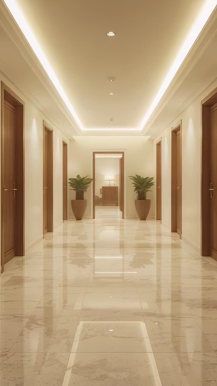 Video verticale: ripresa di un corridoio di marmo in un hotel, con la telecamera che avanza rivelando una lampada accesa