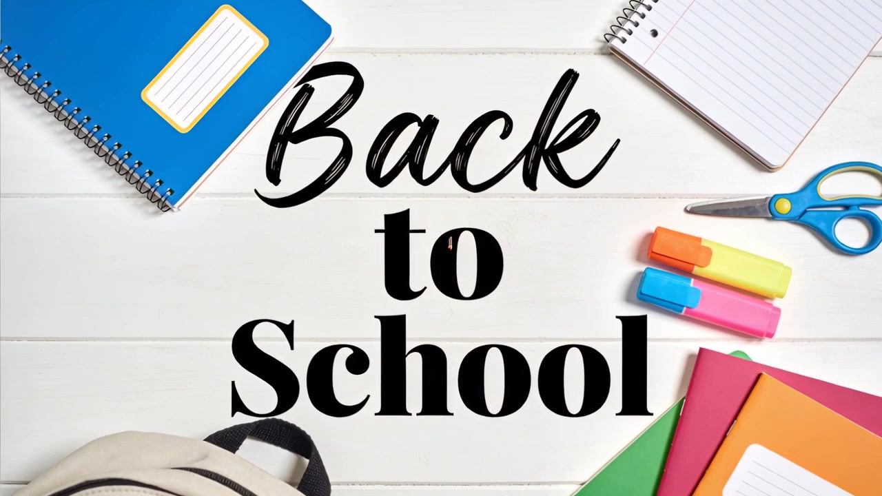 Sparkling animating supplies shifting on white wood, orange pencil tilting, showing Back to School
