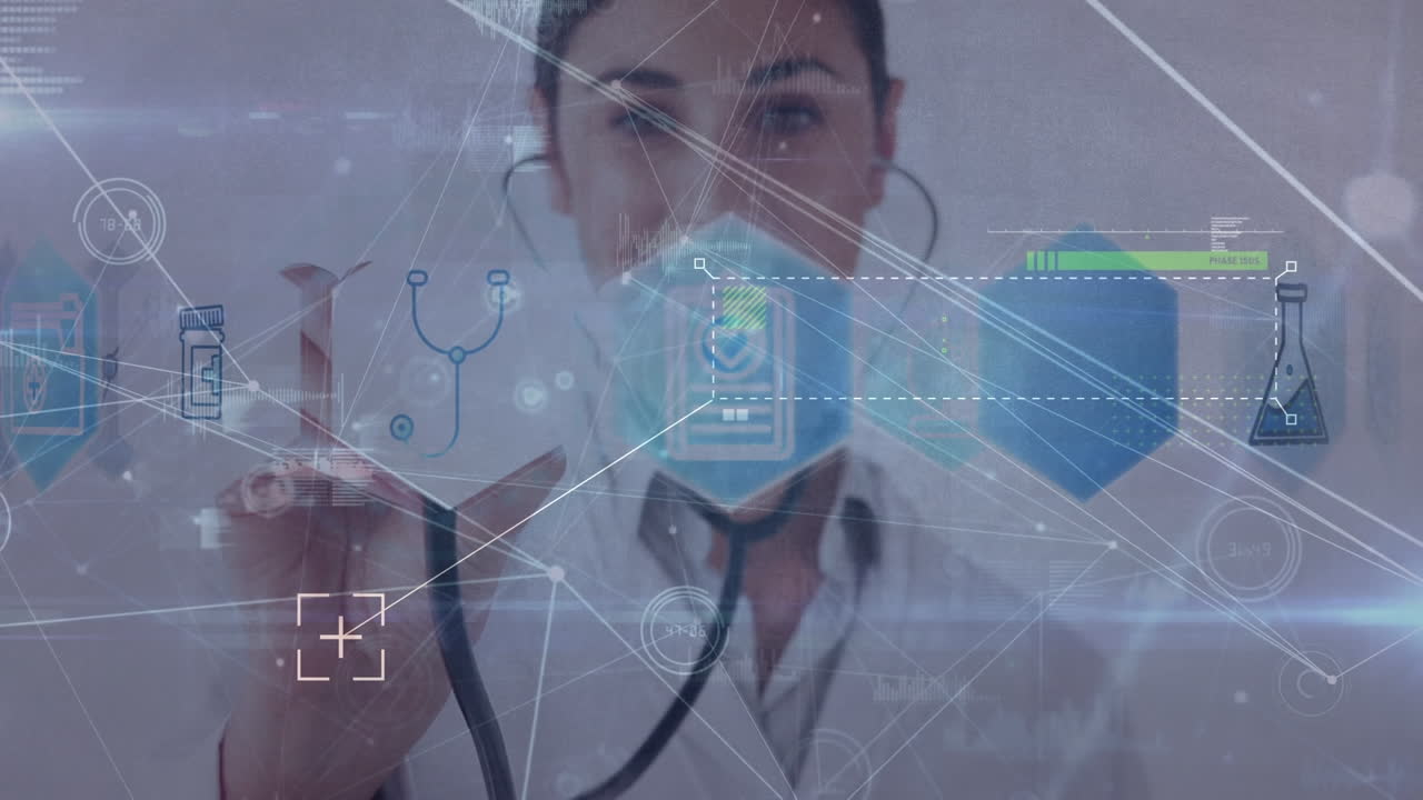 웃는 백인 여성 의사에 대한 연결 네트워크의 애니메이션