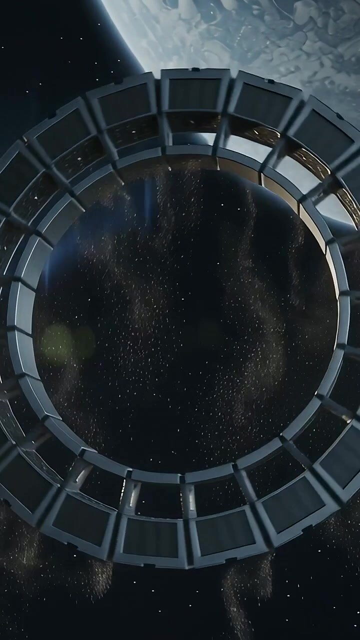 Vertical video: Falling sparks from top edge, torus station rotating near planet limb, auroral glow