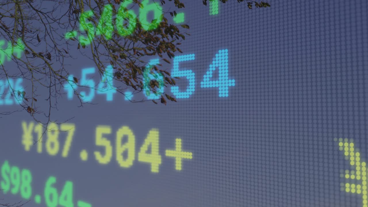 Opening dusk sky initiating ticker scrolling currency values for market insight behind tree outline