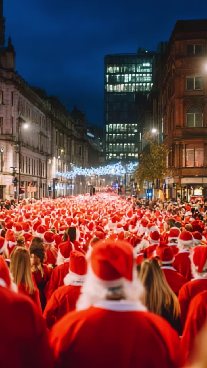 A Festive Gathering of Santa Figures on a Vibrantly Lit City Street During Christmas Season with Participants Dressed in Iconic Red Costumes and Brightly Decorated Surroundings Capturing the Holiday Spirit