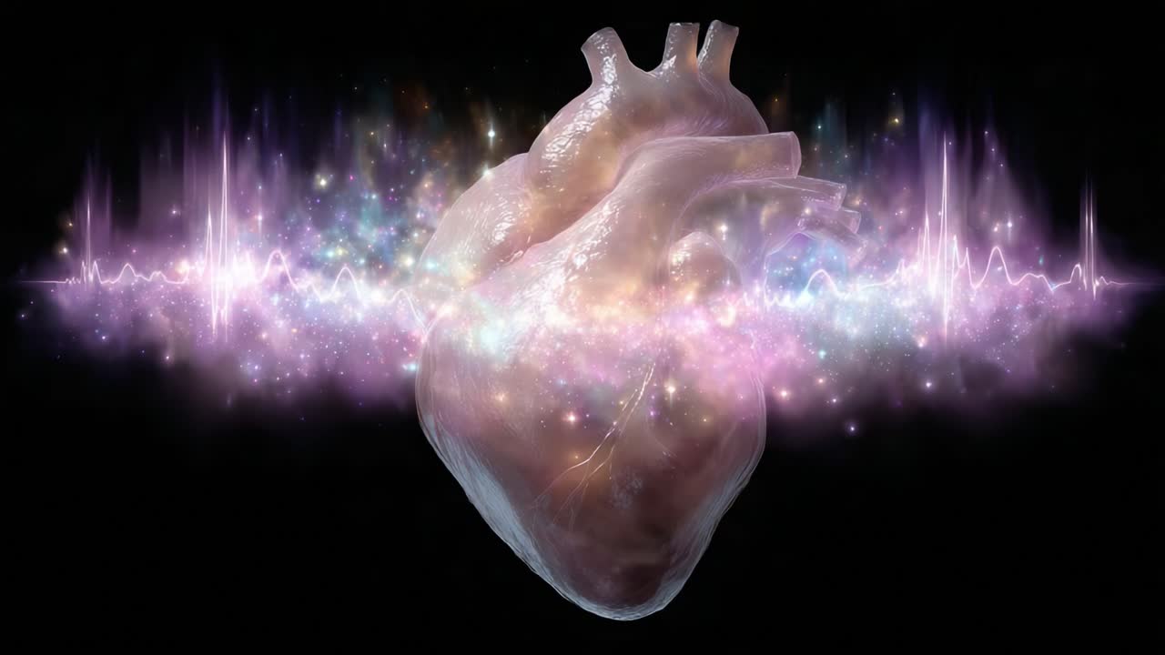 A Stunning Visual of a Heart Surrounded by Ethereal Light Waves, Representing Life and Emotion, Blending Anatomy with Abstract Sound Patterns