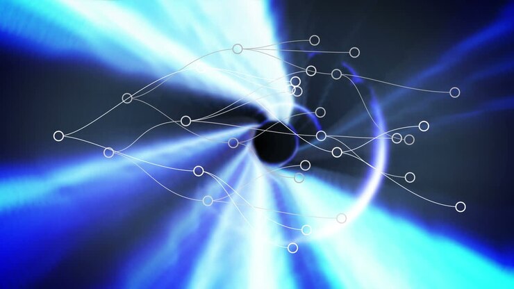 Digital animation of network of connections over tunnel in seamless pattern on blue background