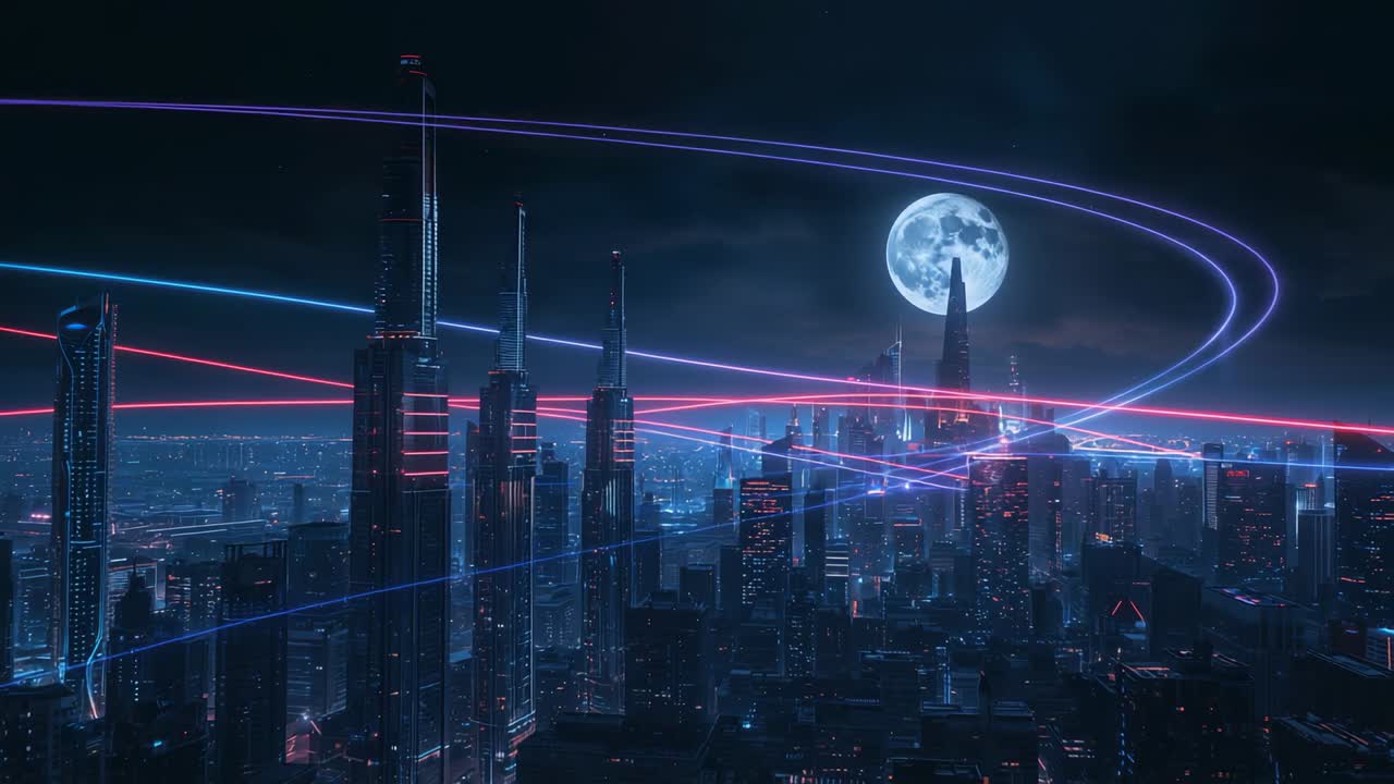 Skyscraper cluster glowing under moon rising, with neon light trails arcing and looping above