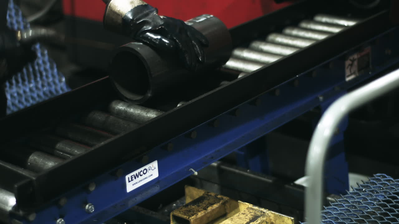 Industrial worker cleaning a segment of pipe as it comes off the assembly line stabilized slider shot