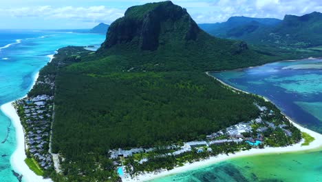 Aerial-view-of-Mauritius-island-panorama-and-famous-Le-Morne-Brabant-mountain,-beautiful-blue-lagoon-and-underwater-waterfall