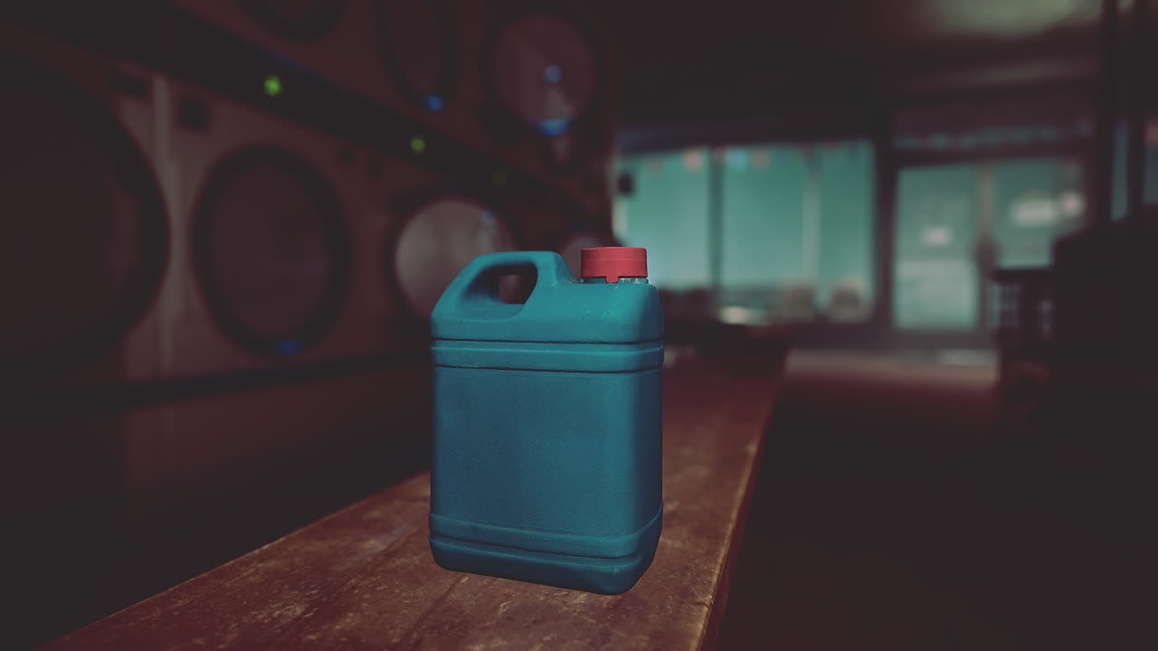 botella azul de detergente para la ropa en una lavandería