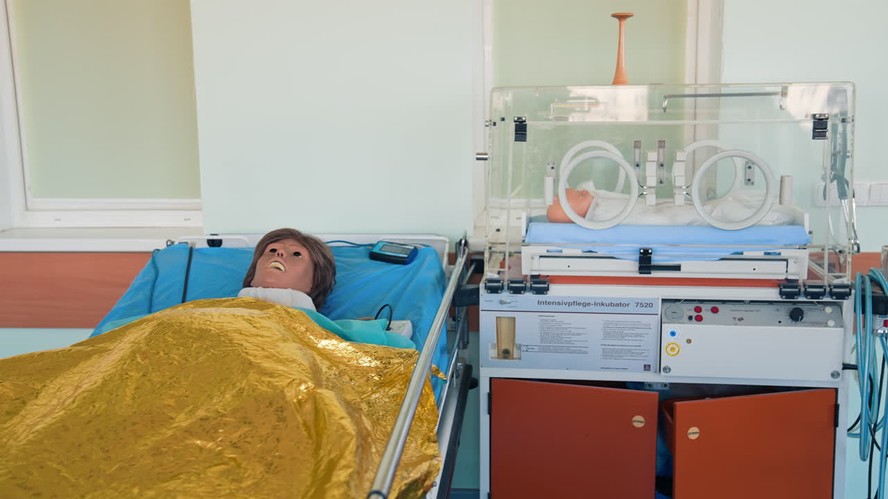 Medical education training and workshop. Close up of plastic dummy on hospital bed