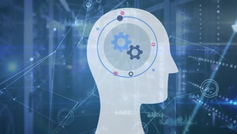 animation of head with cogs and data processing over server room