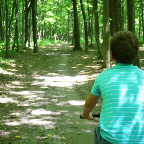 boy biking on forest trails