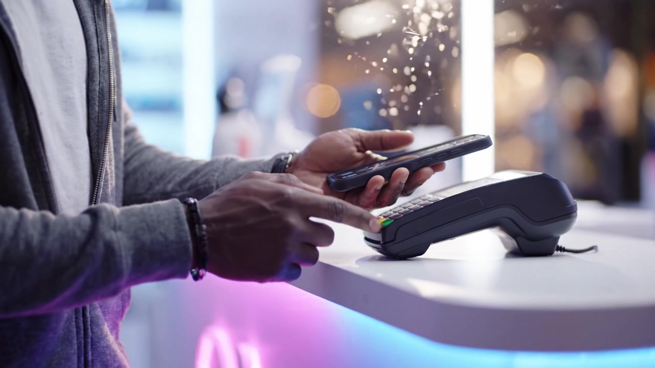 A man using a smartphone to make a contactless payment at a checkout counter, showcasing modern technology in a retail environment during a shopping experience.