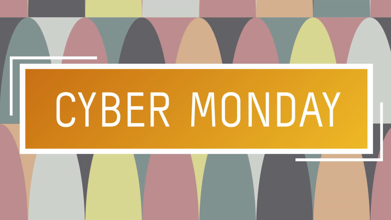 Digital animation of cyber monday text over orange banner against abstract colorful shapes