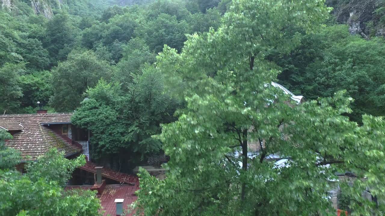 무성한 녹색 식물로 둘러싸인 작은 벽돌 오두막의 공중 영상은 호숫가 근처의 구조물을 덮었습니다.