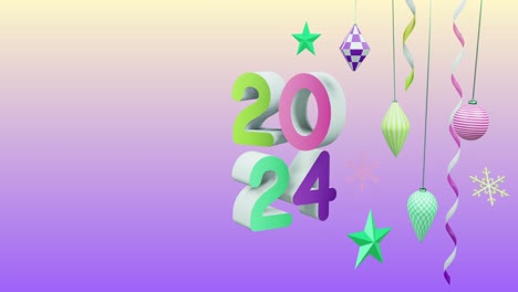 animación del número 2024 sobre el año nuevo y las decoraciones de navidad sobre fondo púrpura