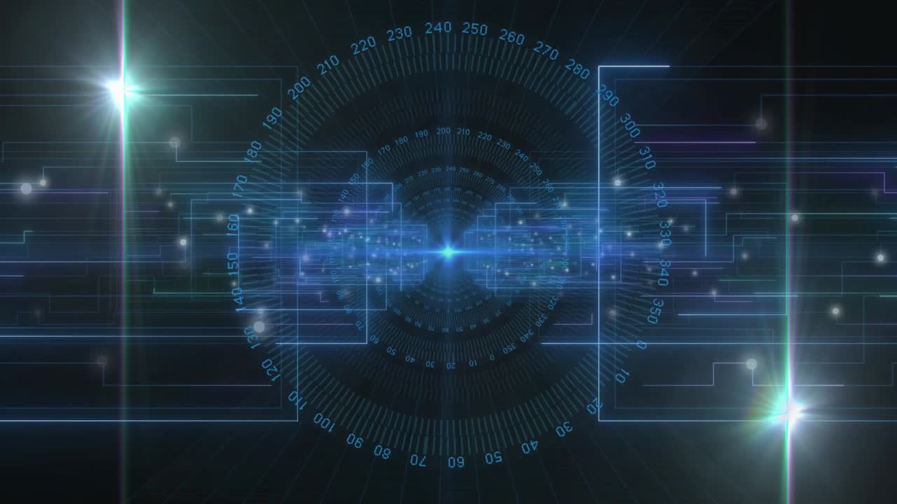 Central HUD node emitting blue bursts and causing ringed dial rotating while visualizing tech data