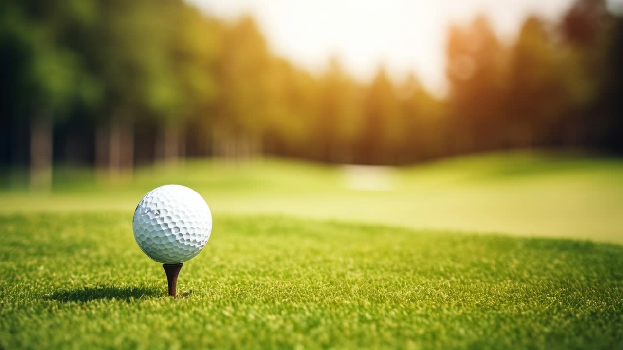 Inquadratura ravvicinata e dal basso di una pallina da golf su un tee, con uno sfondo sfocato, che cattura l'essenza