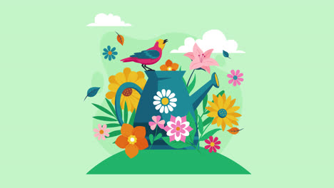 colorful watering can with bird and flowers
