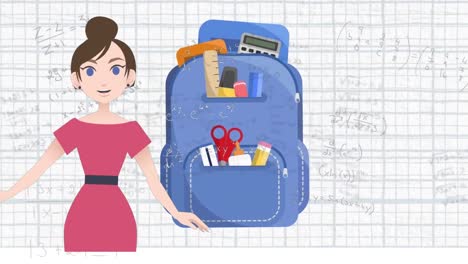 Animation-of-woman-talking-over-school-bag-icon