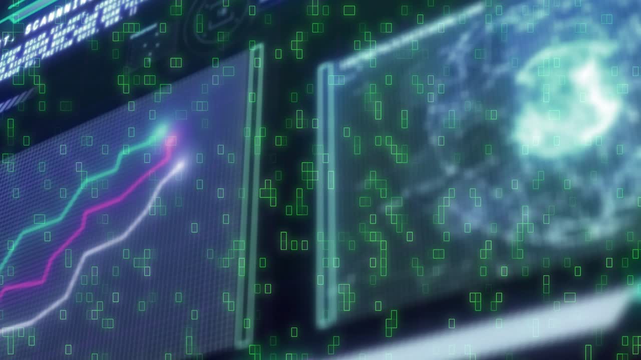 Upon scanning text appearing panels streaming green data and neon waveforms sweeping for analysis