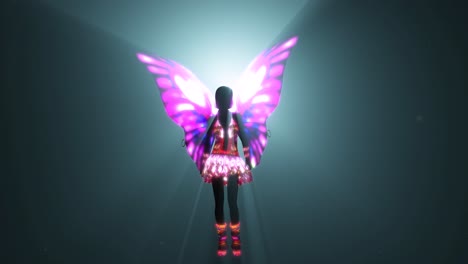 fairy with colorful wings and outfit standing in front of volumetric light casting light rays 3d animation