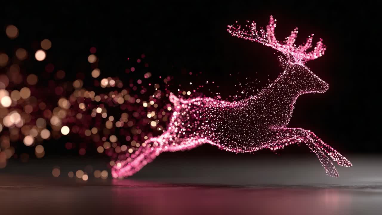 A Stunning Representation of a Reindeer in Motion, Sparkling with Vibrant Particles and Light Effects, Creating a Captivating Visual Experience in a Dark Background