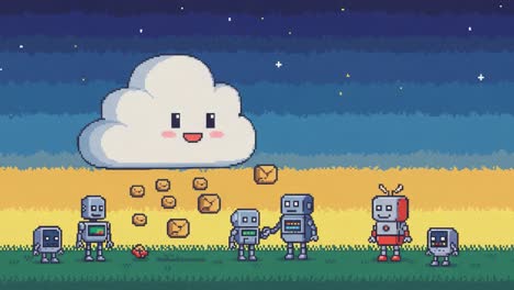 a joyful gathering of robots under a smiling cloud: celebrating togetherness and playfulness in a colorful animated landscape