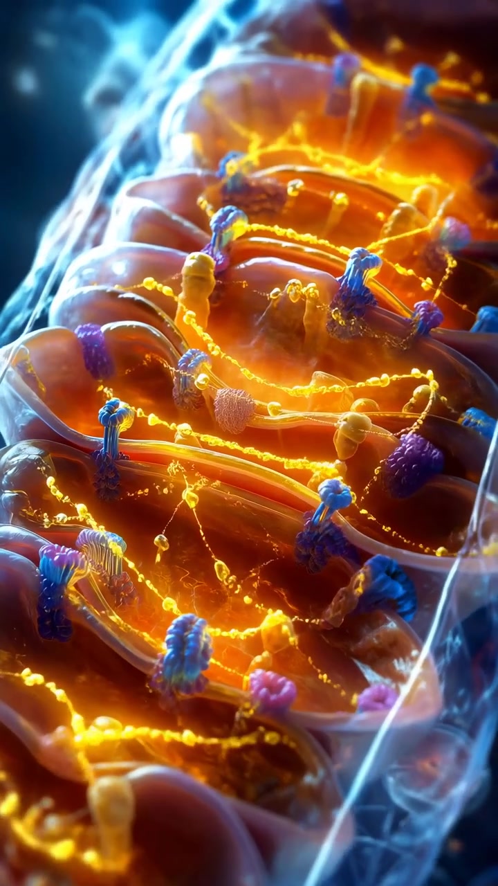 Il movimento in avanti rivela un dettaglio ravvicinato di creste curve e forme molecolari raggruppate blu, viola e oro, con una brillante illuminazione ambrata che traccia canali di membrana stratificati