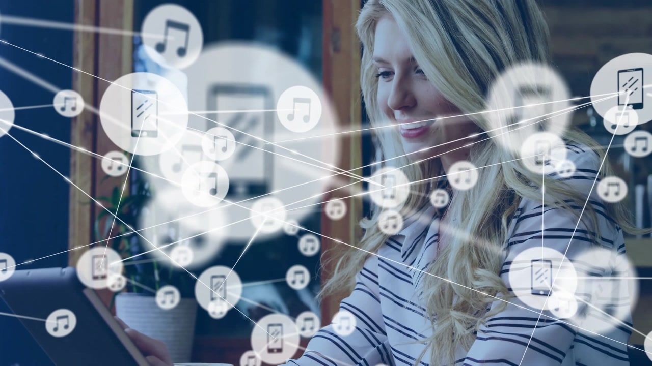 Animation of network of connections with music icons over caucasian woman with tablet