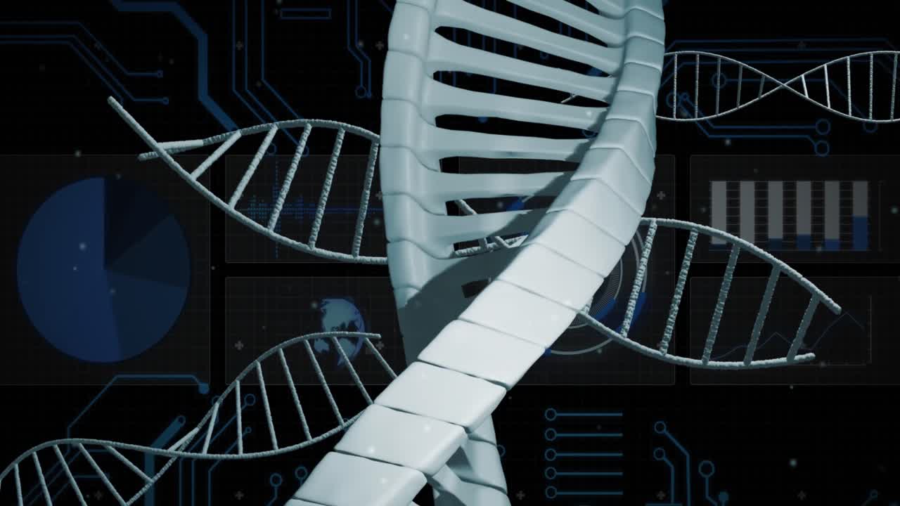Animation of data processing over dna strands spinning