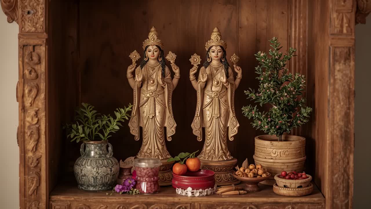 Zooming camera pushing in at home shrine, highlighting golden goddess statues and offerings