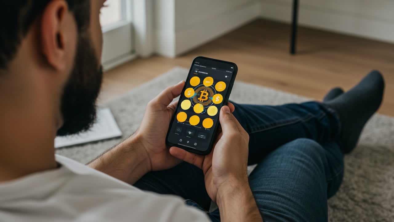 Un uomo impegnato con le criptovalute sul suo smartphone, che osserva asset digitali e tendenze di mercato in un ambiente domestico confortevole.